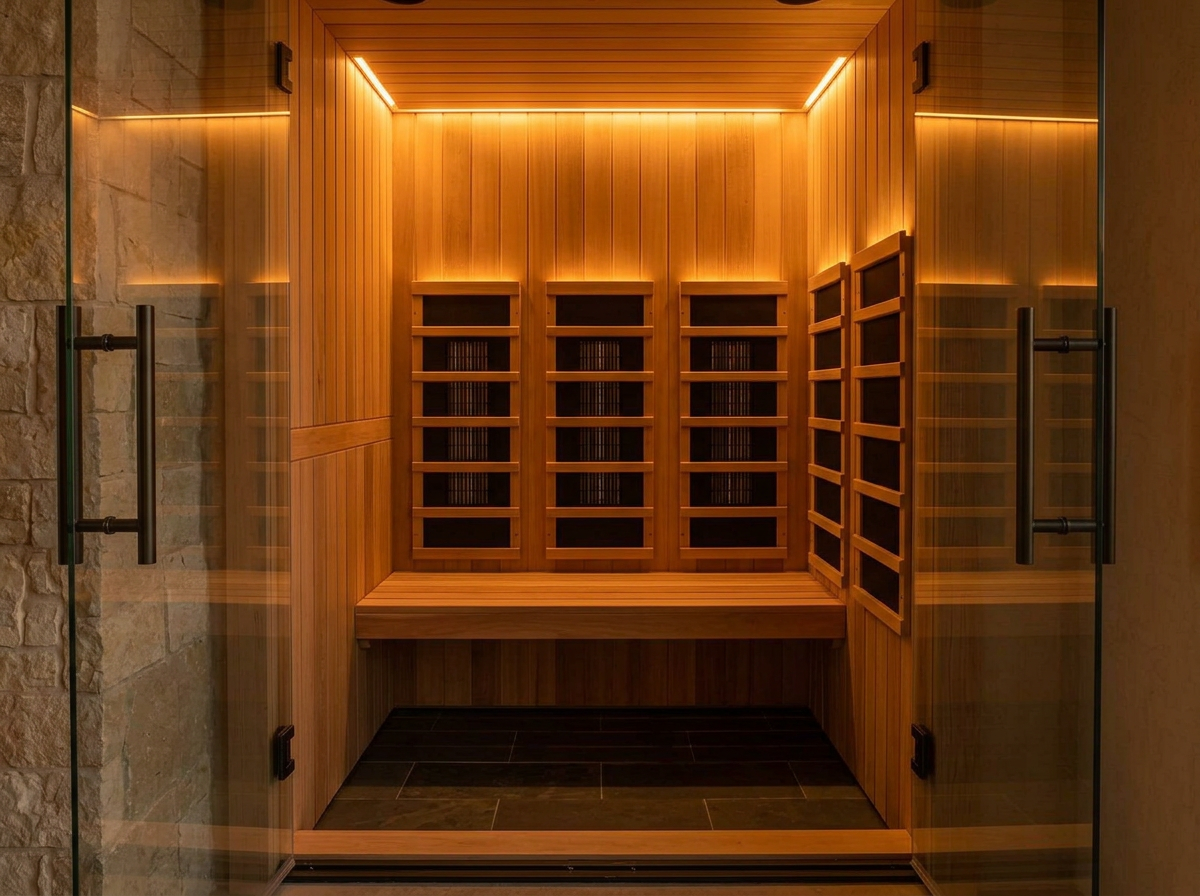 Cedar infrared sauna overlooking Hill Country greenery inside Emberspa