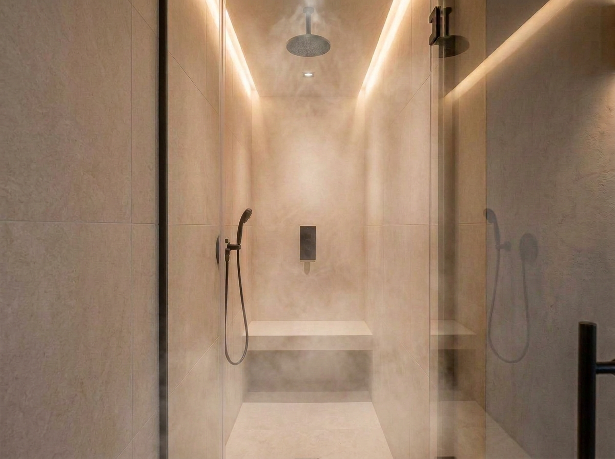Warm limestone shower and steam room inside Emberspa